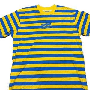 Dumbgood Blockbuster Video Men Embroidered Striped Yellow Blue Shirt